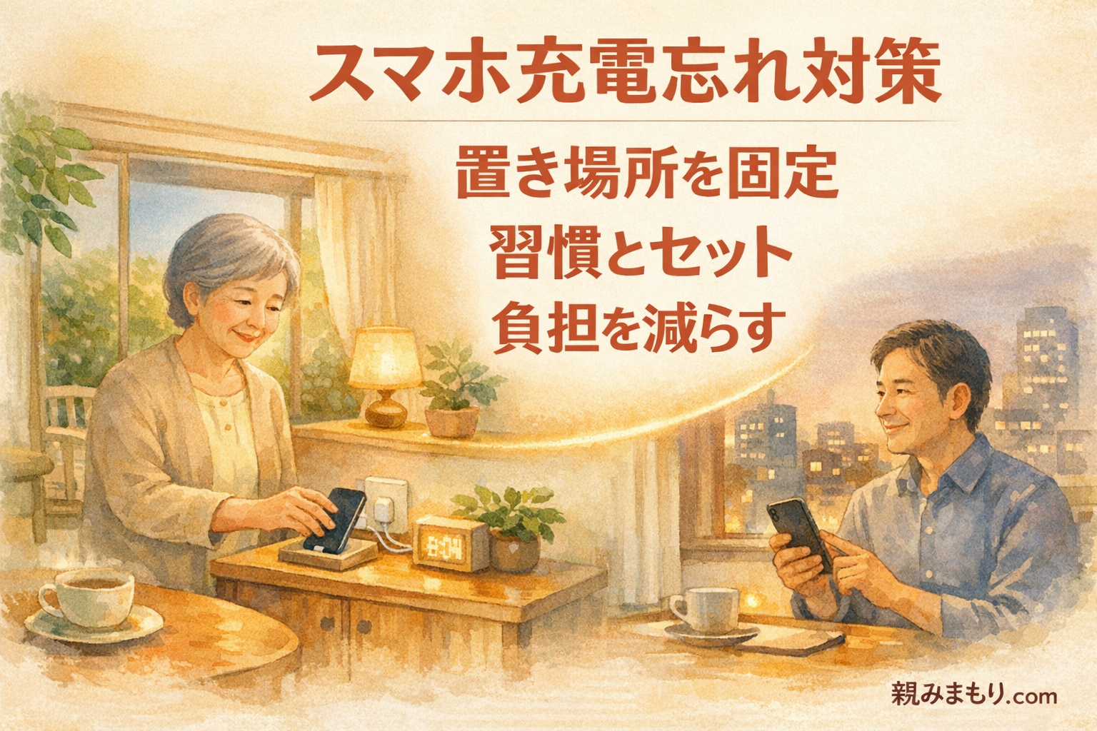 高齢の親にスマホの充電を続けてもらう工夫 アイキャッチ(横長・文字あり)