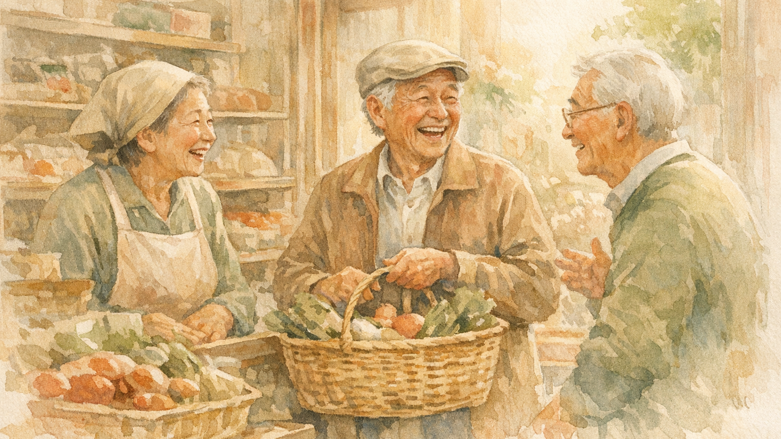 近所のスーパーで店主や知り合いと笑いながら買い物をする高齢の親を描いた水彩イラスト