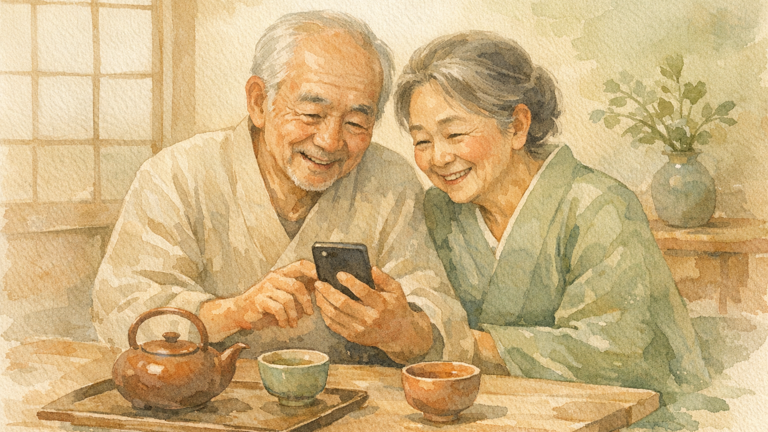 子どもから届いた写真を二人で見て笑う高齢の夫婦を描いた水彩イラスト
