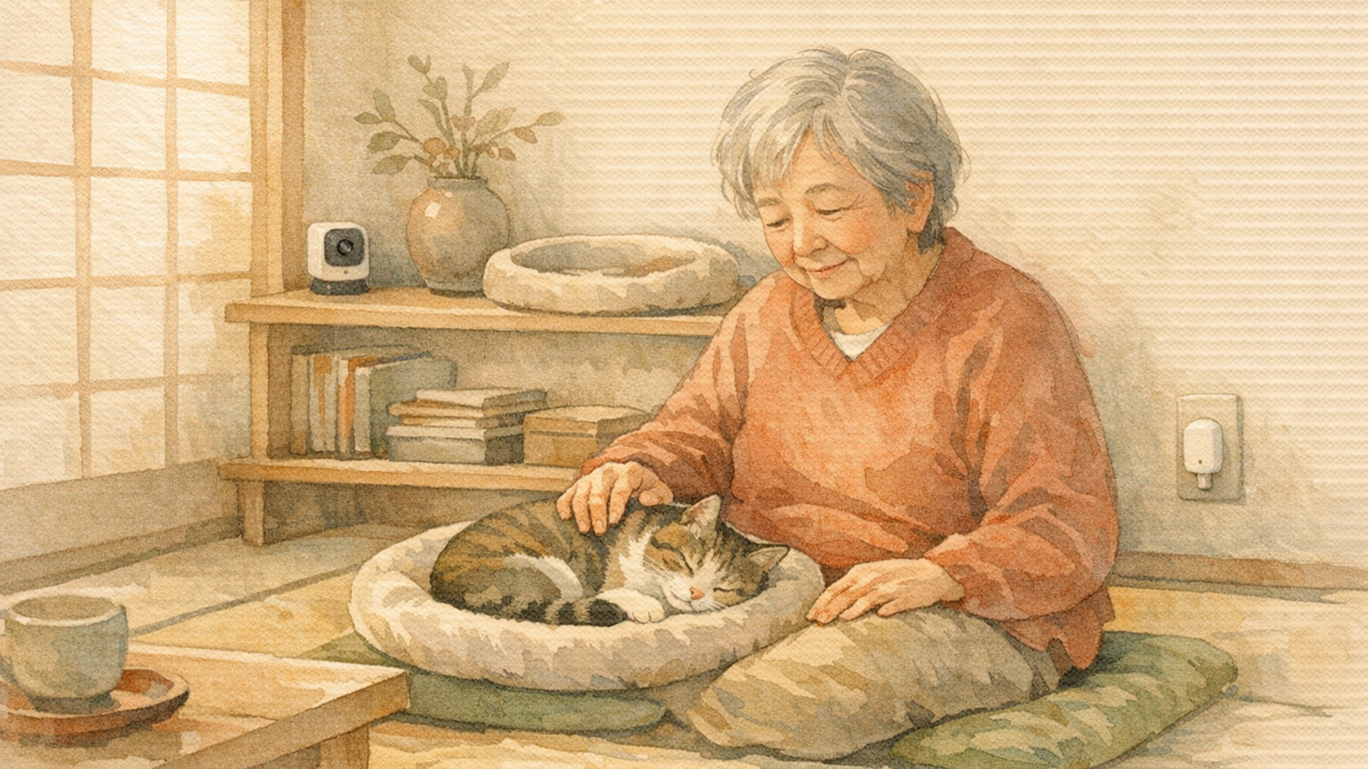 猫をなでる高齢の親と、猫用に置かれた小さなカメラ、コンセントの小型センサーを描いた水彩イラスト