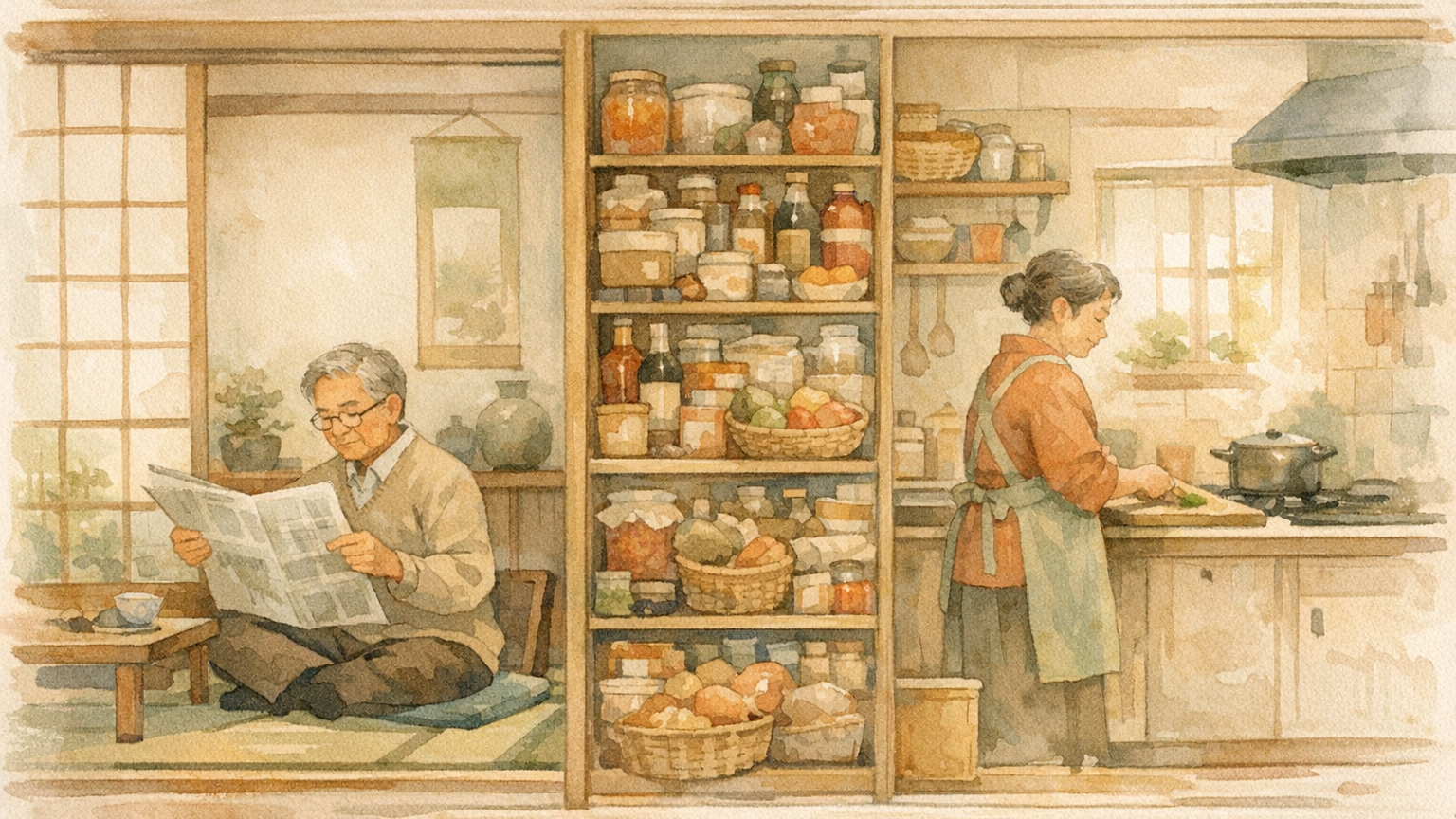 同じ家で別々の部屋にいる高齢の夫婦と、食品が多めに置かれた棚を描いた水彩イラスト